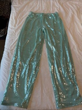 SHEIN Mint Green Sequin Wide-Leg Pants